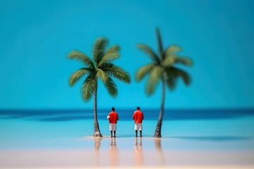 Beach diorama-style with plastic toys, palm trees on a tropical island, sky and water for a summer and vacation feeling, relaxation and happiness. Generative AI.