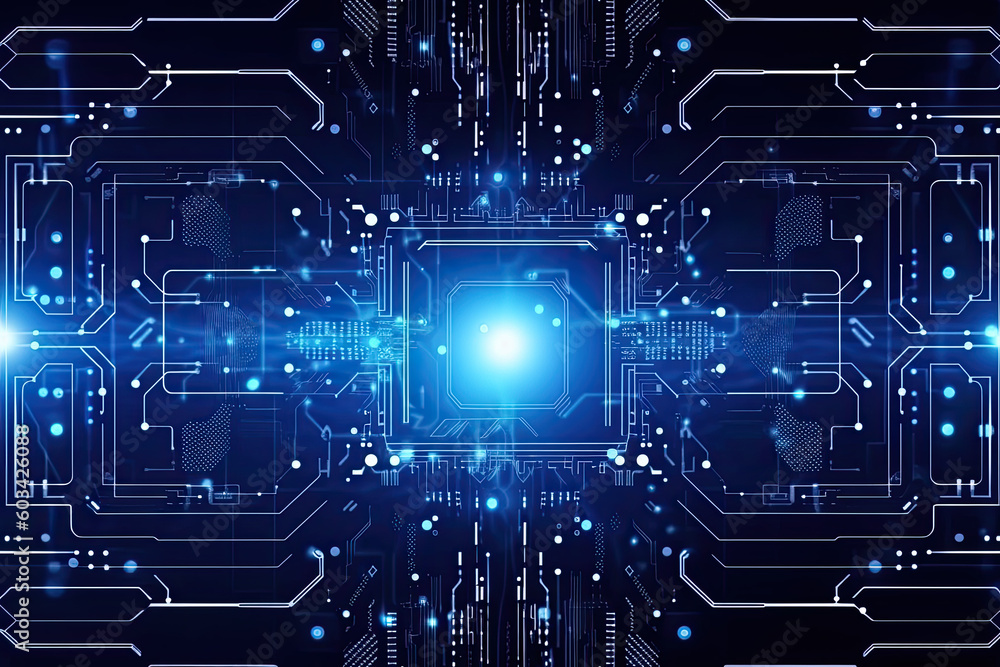 Poster artificial intelligence and humanoid head with neural network, quantum computing, advanced robotics,