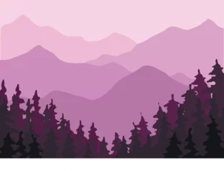 Fototapeten Lila purple landscape with mountains and primary forest, place for text, banner, poster. A purple mountain landscape with a mountain range in the background  © Nadiia