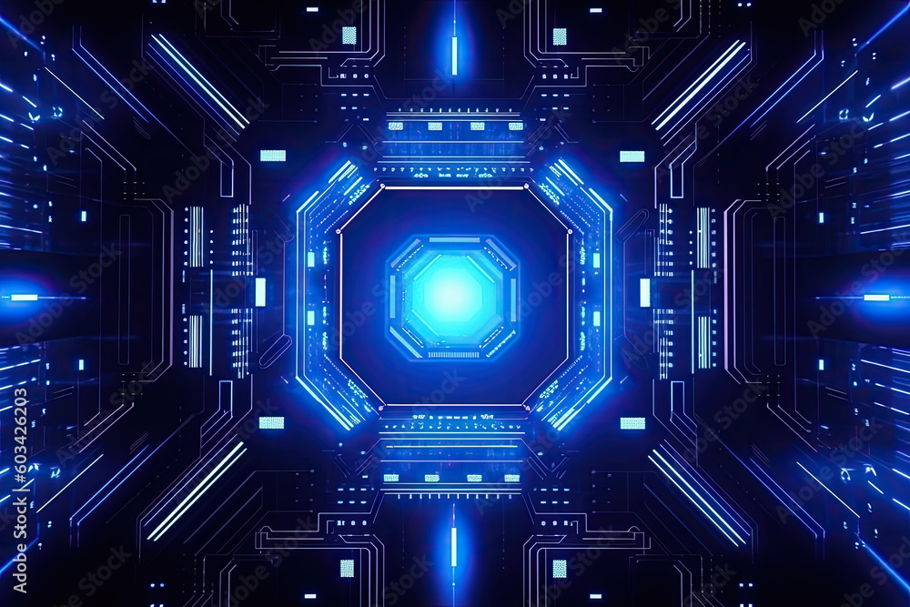 Poster artificial intelligence and humanoid head with neural network, quantum computing, advanced robotics,
