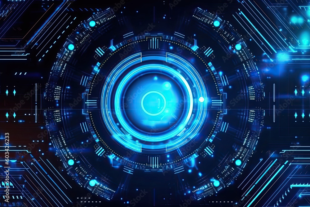 Poster artificial intelligence and humanoid head with neural network, quantum computing, advanced robotics,
