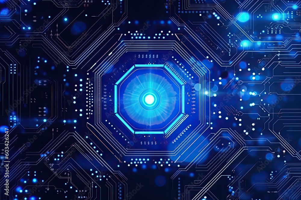 Poster artificial intelligence and humanoid head with neural network, quantum computing, advanced robotics,