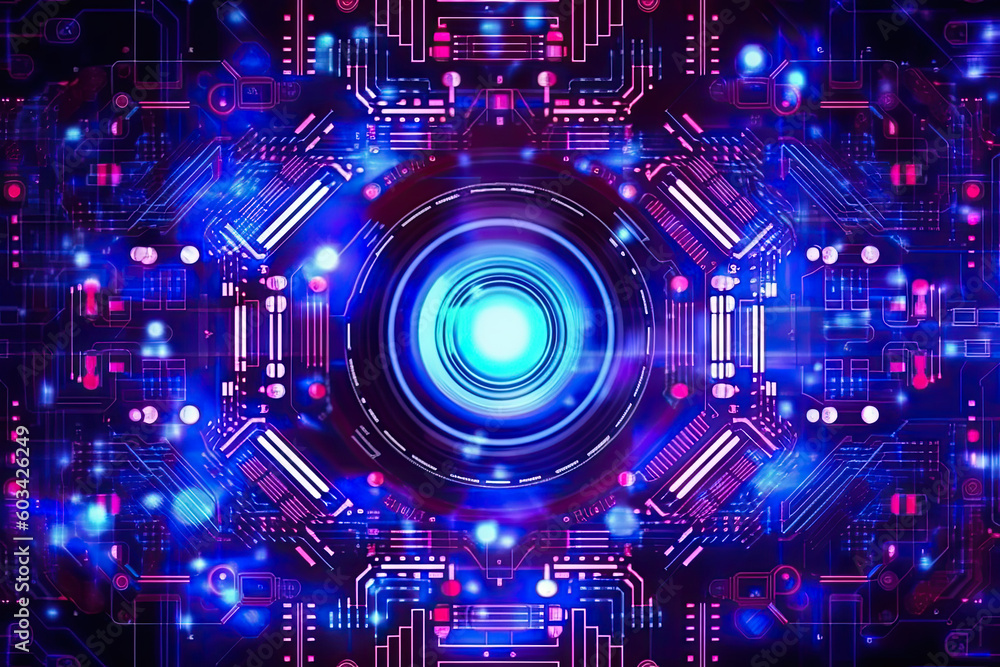 Poster artificial intelligence and humanoid head with neural network, quantum computing, advanced robotics,