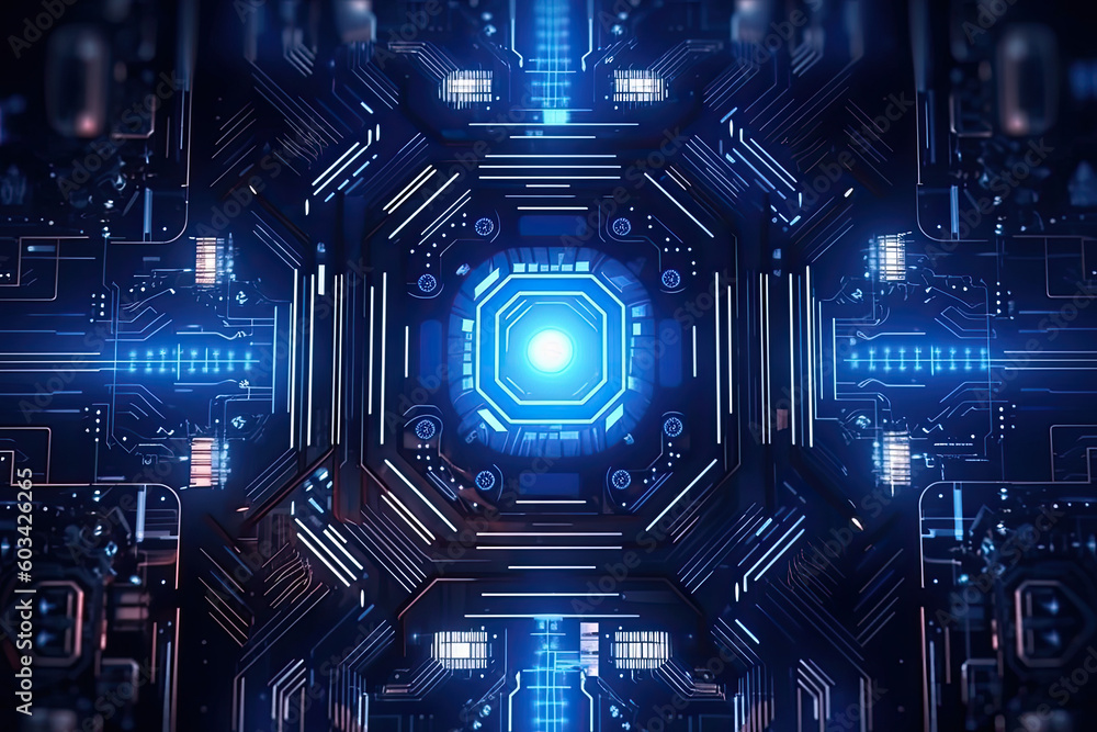Poster artificial intelligence and humanoid head with neural network, quantum computing, advanced robotics,