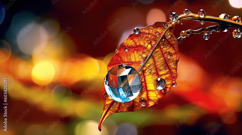Poster a leaf with a drop of water hanging from it's end, with a blurry background of boke of lights behind