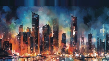  a painting of a city at night with a lot of lights on the buildings and the street lights in the foreground and the city lights in the background.  generative ai