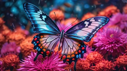 Fototapeta na wymiar a blue butterfly sitting on top of a pink flower field with red and purple flowers in the background and a blue sky in the background. generative ai
