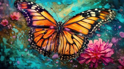  a painting of a butterfly and pink flowers on a blue and green background with water droplets and splashes of paint on the bottom of the image.  generative ai