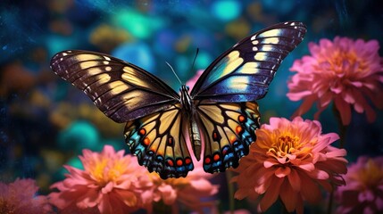 Fototapeta na wymiar a butterfly sitting on top of a pink flower next to a blue sky and pink and yellow flowers in the foreground, with a blue sky in the background. generative ai