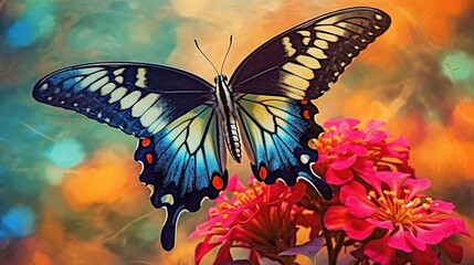  a blue butterfly sitting on top of a pink flower next to a green and red plant with red flowers in front of a blurry background.  generative ai