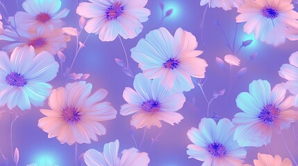 Fototapeta na wymiar a bunch of pink and blue flowers on a purple background with a blue light in the middle of the picture and a blue light in the middle of the middle of the picture. generative ai