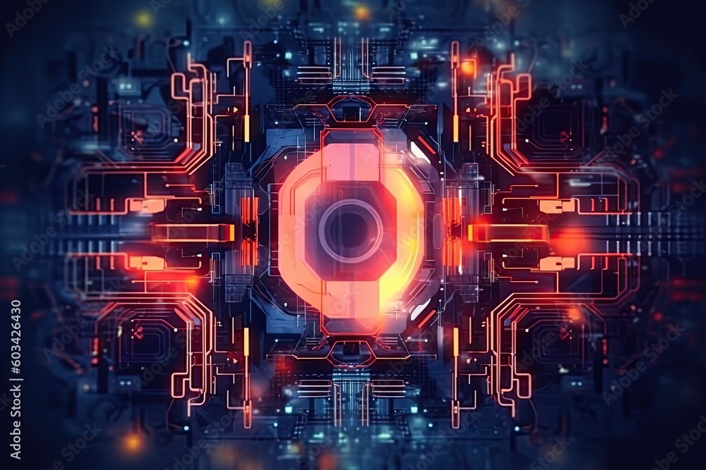 Poster artificial intelligence and humanoid head with neural network, quantum computing, advanced robotics,