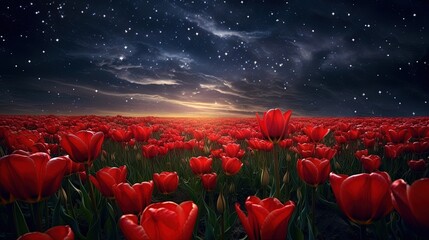  a field full of red tulips under a night sky with stars and a full moon in the sky above it, with the sun shining through the clouds.  generative ai
