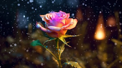  a pink rose with water droplets on it's petals in the dark, with a blurry background of lights and raindrops.  generative ai