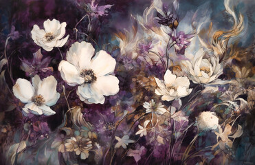 a painting of purple and white flowers