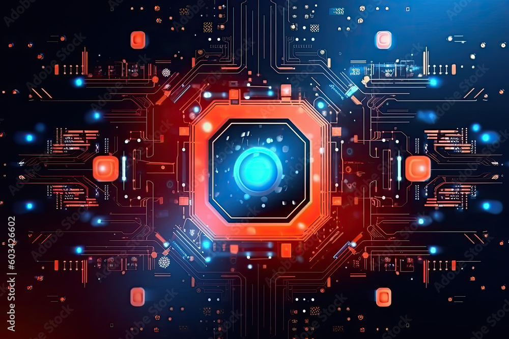 Poster artificial intelligence and humanoid head with neural network, quantum computing, advanced robotics,