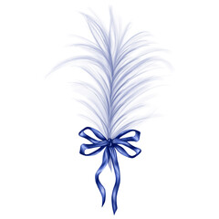 An airy composition of a light blue feather tied with a blue satin ribbon. Decorations for bouquets, boutonnieres, hats, masquerade masks, costumes. Digital illustration on a white background.