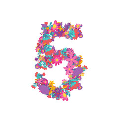 set of numbers made of flowers, creative alphabet, 3d illustration, five