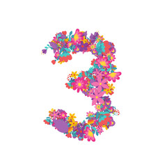 set of numbers made of flowers, creative alphabet, 3d illustration, three