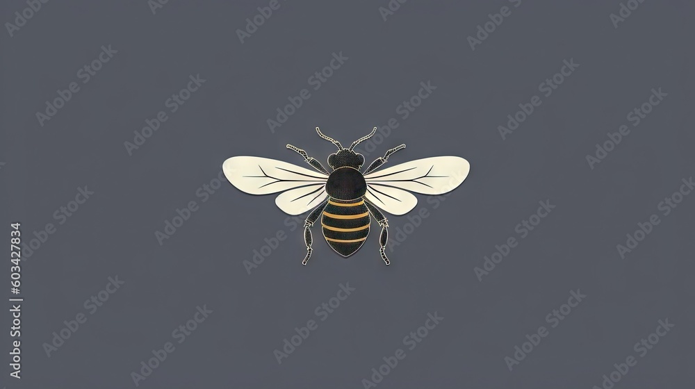 Poster  a black and yellow bee on a gray background with a white stripe on the back of it's head and a black and yellow stripe on the front of the back of the bum.  generative ai