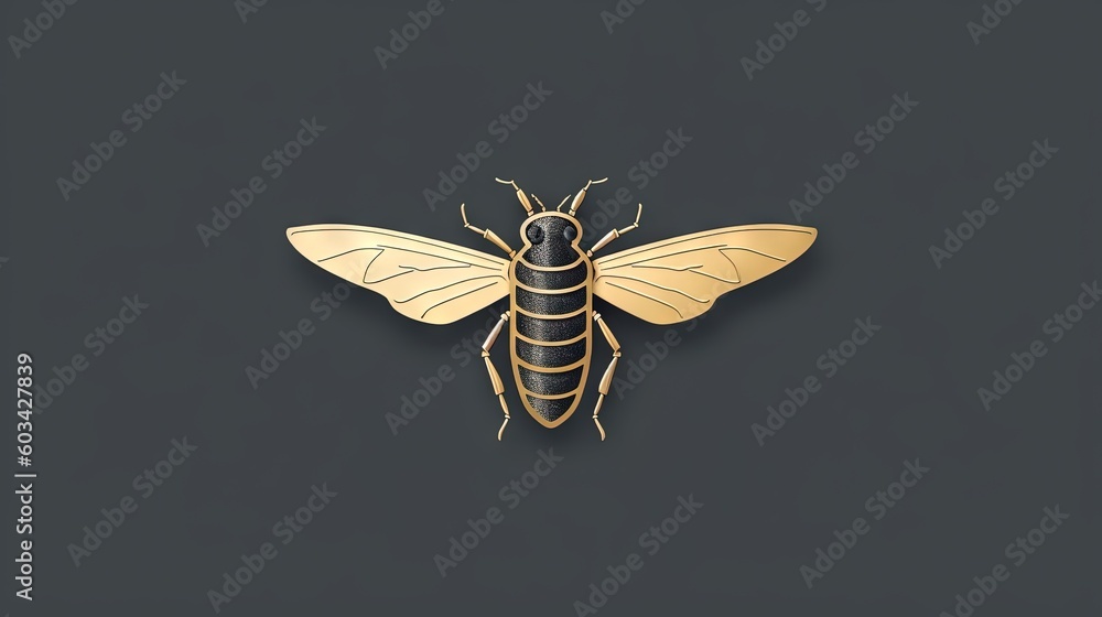 Poster a golden bee on a black background with a shadow of a bee on the back of the bee is a shadow of a be