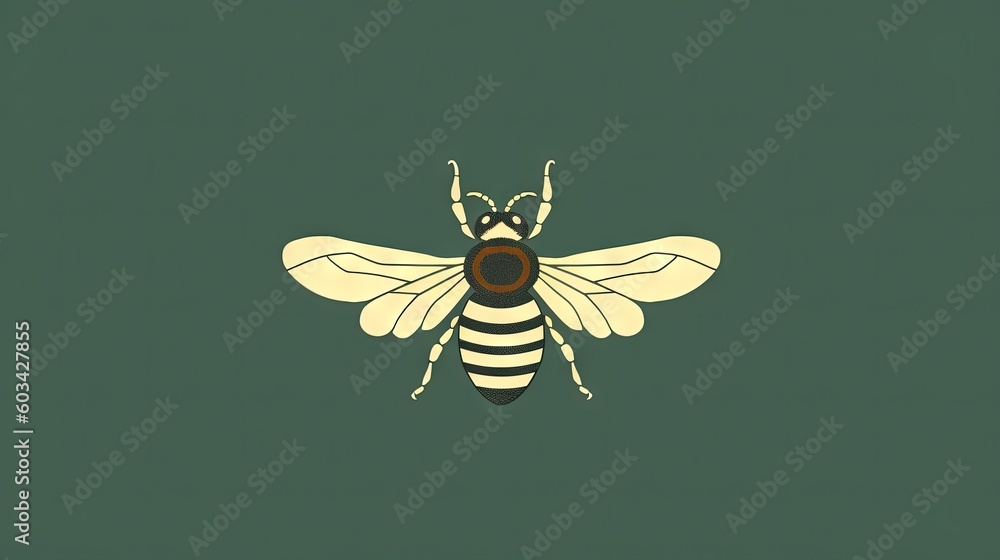 Poster a yellow and black bee on a green background with a black spot in the middle of the image and a blac
