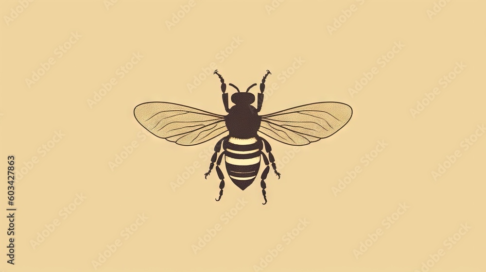 Poster  a bee on a yellow background with a black outline on the front of it's body and a black outline on the back of the front of the bum.  generative ai