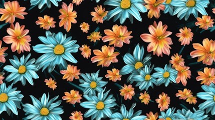 Fototapeta na wymiar a picture of a bunch of flowers on a black background with orange and blue flowers in the middle of the picture and the bottom of the picture of the flowers in the picture. generative ai
