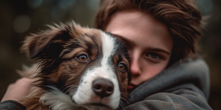 Boy embracing his dog with love. Close up shot. Generative AI