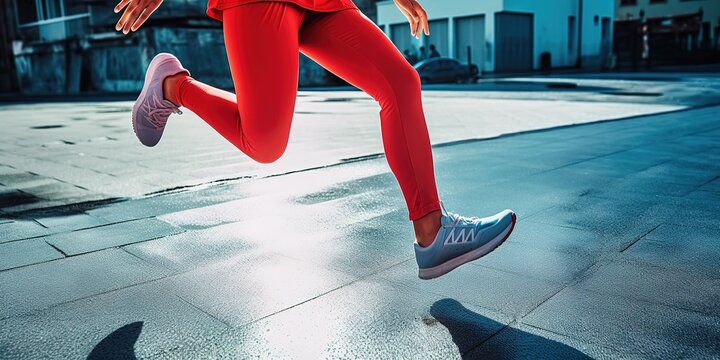 Cropped image of women's legs running in the street with sportswear clothes. Generative AI