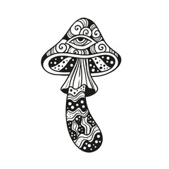 Magic Mushrooms psychedelic Vector illustration. Zen art. Decorative mushrooms, hippie, esoteric, mystical objects. 60s 70s
