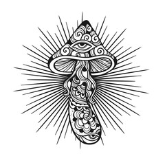 Magic Mushrooms. psychedelic pattern. Vector illustration. Zen art. Decorative mushrooms, hippie, esoteric mystical objects 60s 70s