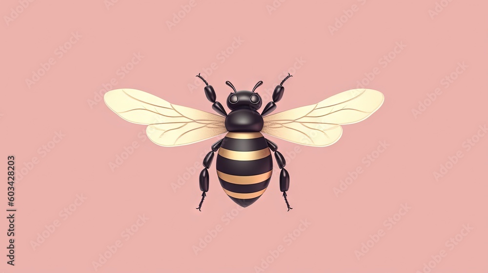 Poster a bee on a pink background with a black and yellow stripe on it's back end and a black and yellow st