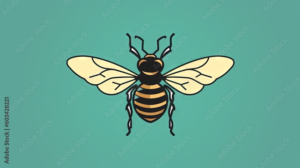 Poster a bee on a blue background with a black outline on the front of the image and a black outline on the