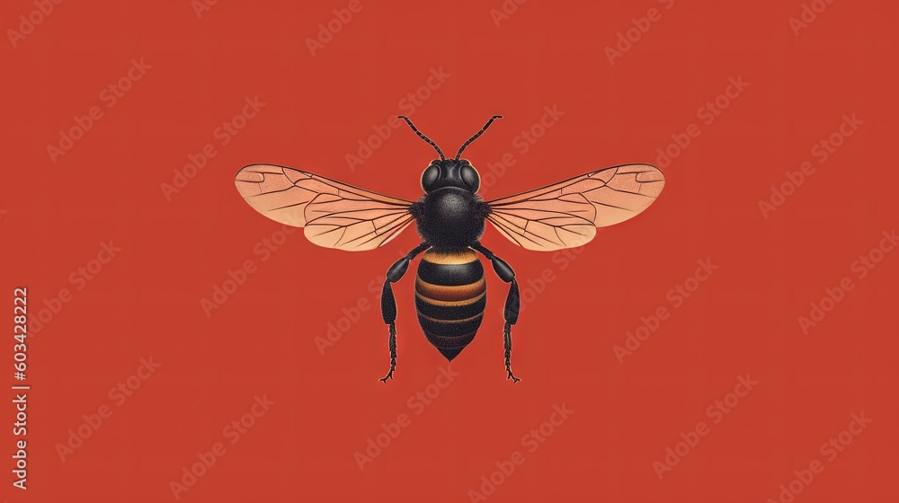 Poster  a bee on a red background with a black and yellow stripe on the back of its body and a black and yellow stripe on the front of its wings.  generative ai