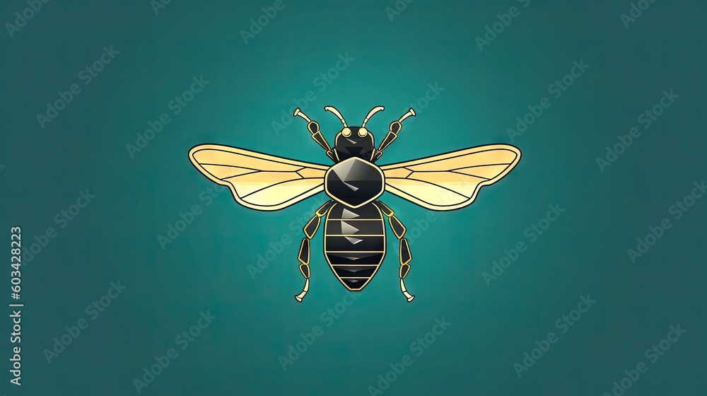 Poster a yellow and black bee sitting on a green background with a black spot in the middle of the image an
