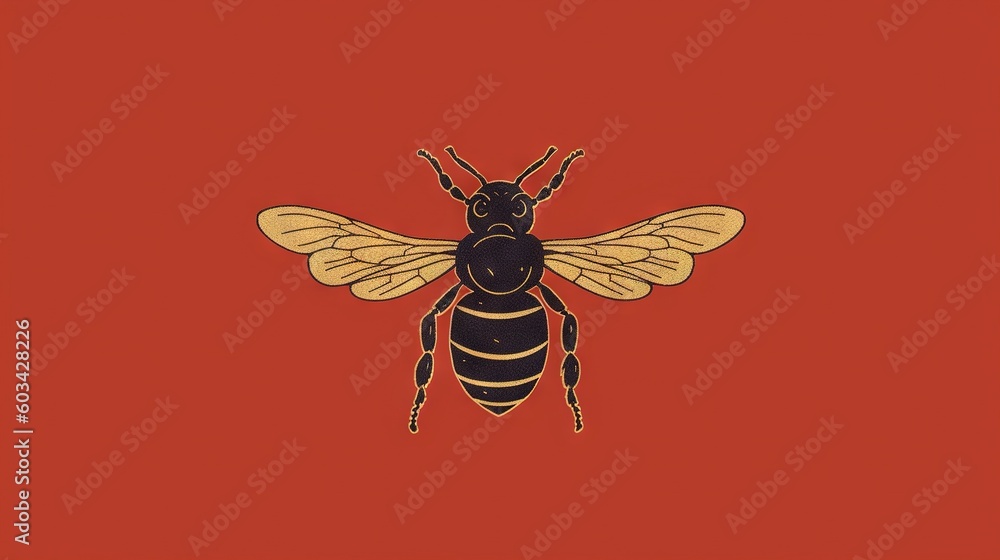 Poster  a bee on a red background with a black outline of a bee on the bottom of the image is a black outline of a bee on top of a red background.  generative ai