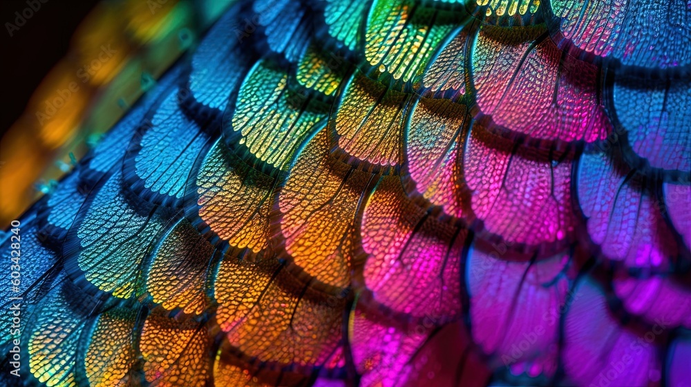 Poster a close up of a multicolored pattern on a piece of material that looks like a bird's wing or a fish'