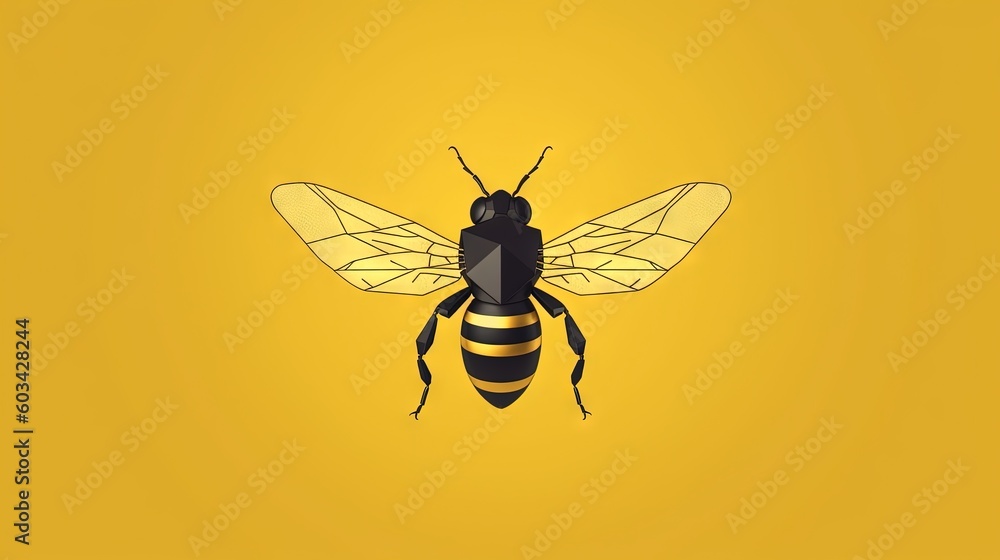 Poster a bee on a yellow background with a black and yellow stripe on the front of it's body and a black an