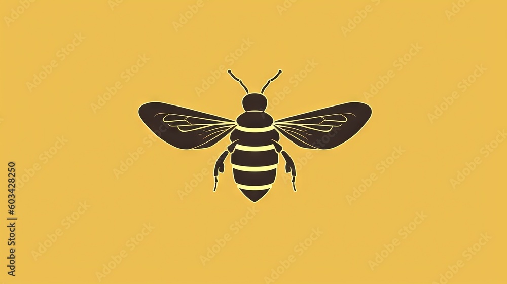 Poster a bee on a yellow background with a shadow of a bee on the back of it's head and a black outline of 
