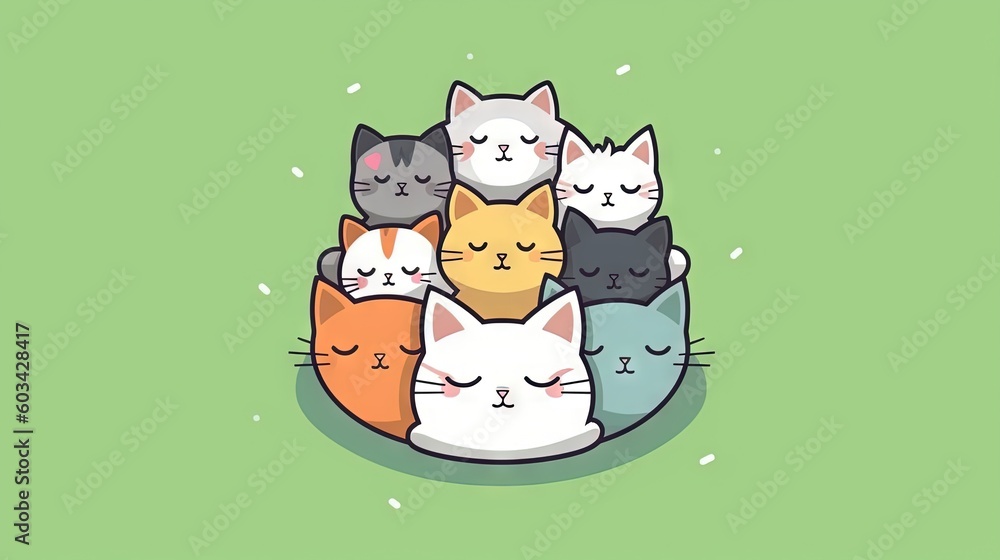 Poster  a bunch of cats that are laying down on a green surface with a green background and a green background with white dots and a green background.  generative ai