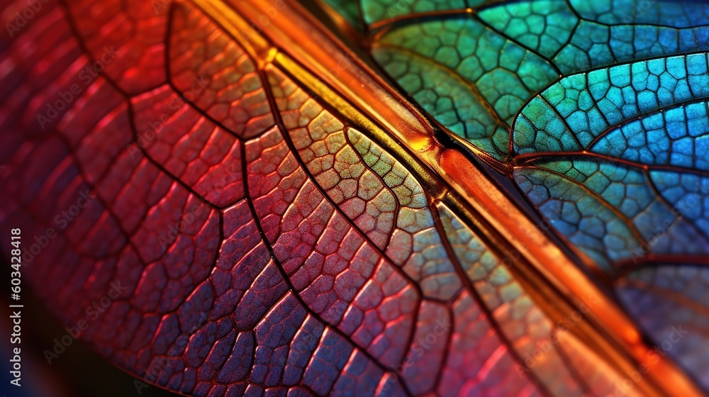 Poster a close up of a rainbow colored leaf with a black outline on the bottom of the leaf and a red line o