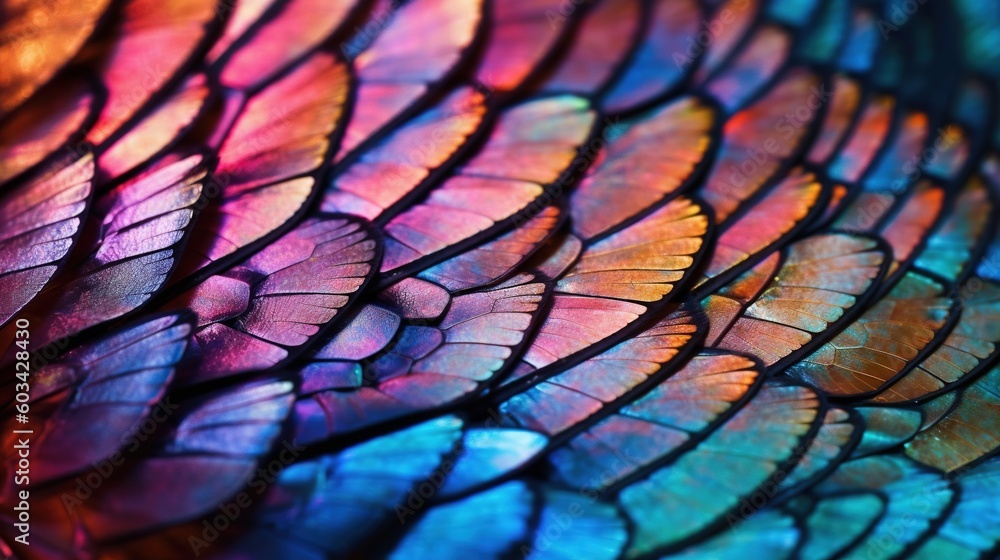 Poster a close up of a colorful bird's feathers pattern on a table top with a blue background and a red, ye