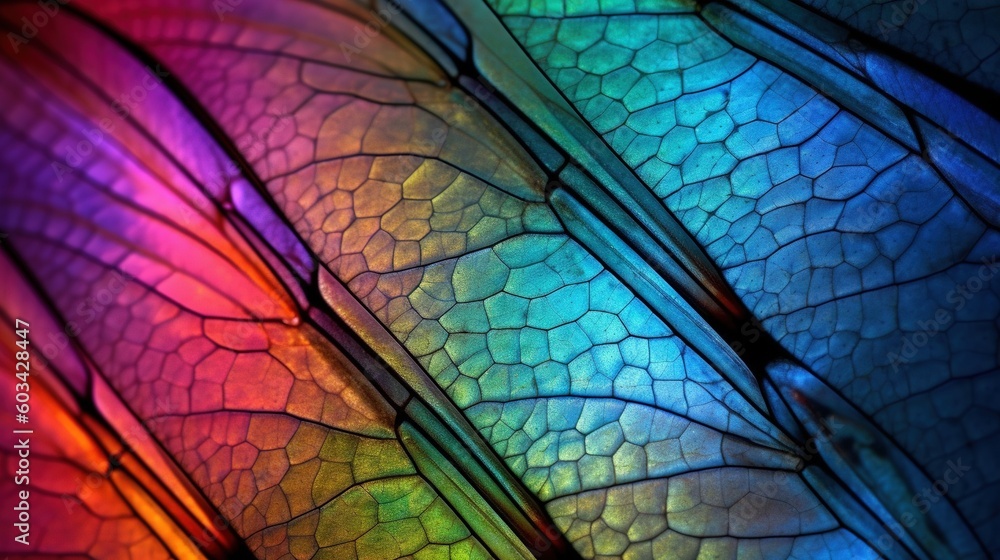 Poster a close up view of a colorful leaf's wing structure, with a rainbow tint to the left of the image an