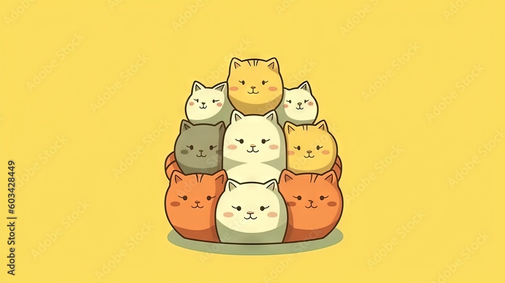Aufkleber a group of cats sitting on top of each other on a yellow background with the caption cats on top of 