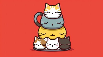  a group of cats sitting on top of each other on a red background with a caption that reads, cats are sleeping on top of each other cats.  generative ai