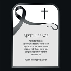 funeral card template with black ribbon and cross