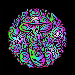 Psychedelic Magic Mushrooms. Vector illustration. Zen art. Decorative mushrooms, hippie, hallucination psilocybin 60s 70s
