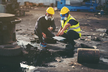 Chemical leak and safety first concept. Group of chemical specialist wear safety uniform, gas mask...