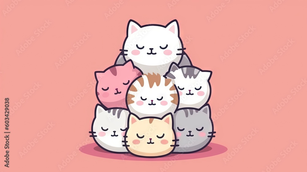 Poster a group of cats sitting on top of each other on a pink background with the caption's name in the mid